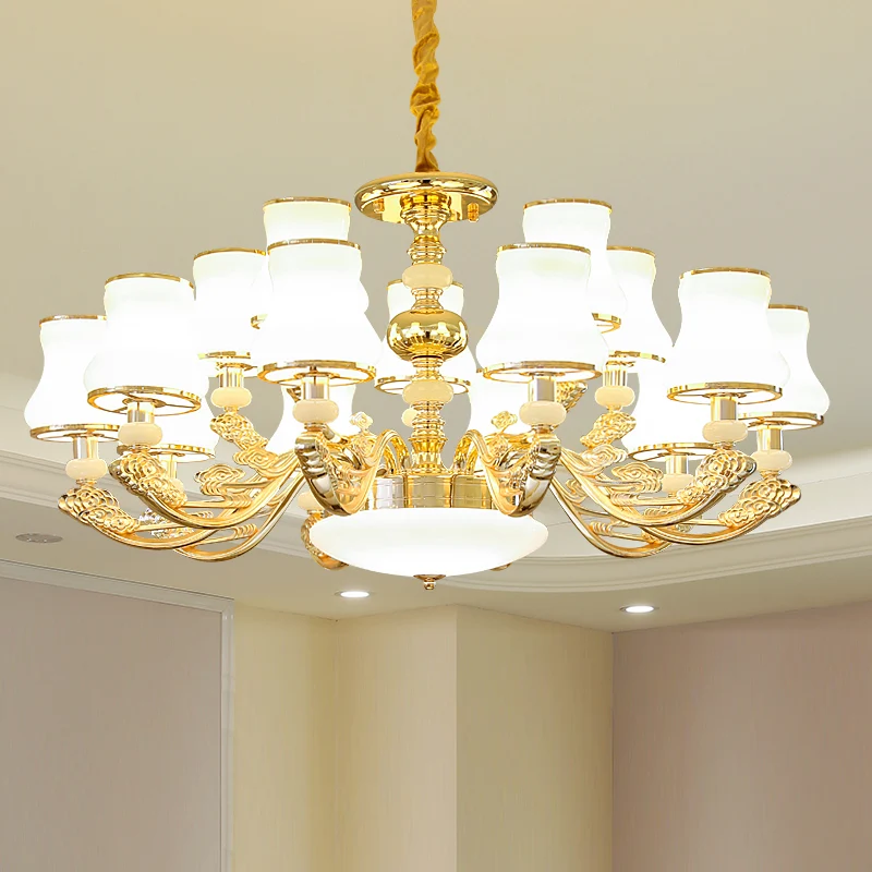 Plafondkroonluchter met gouden afwerking, overgangsverlichting van wit glas met gebogen schaduw Clearhalo
