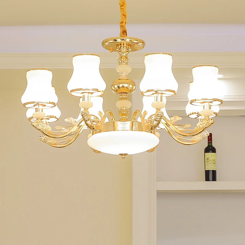 Plafondkroonluchter met gouden afwerking, overgangsverlichting van wit glas met gebogen schaduw Clearhalo