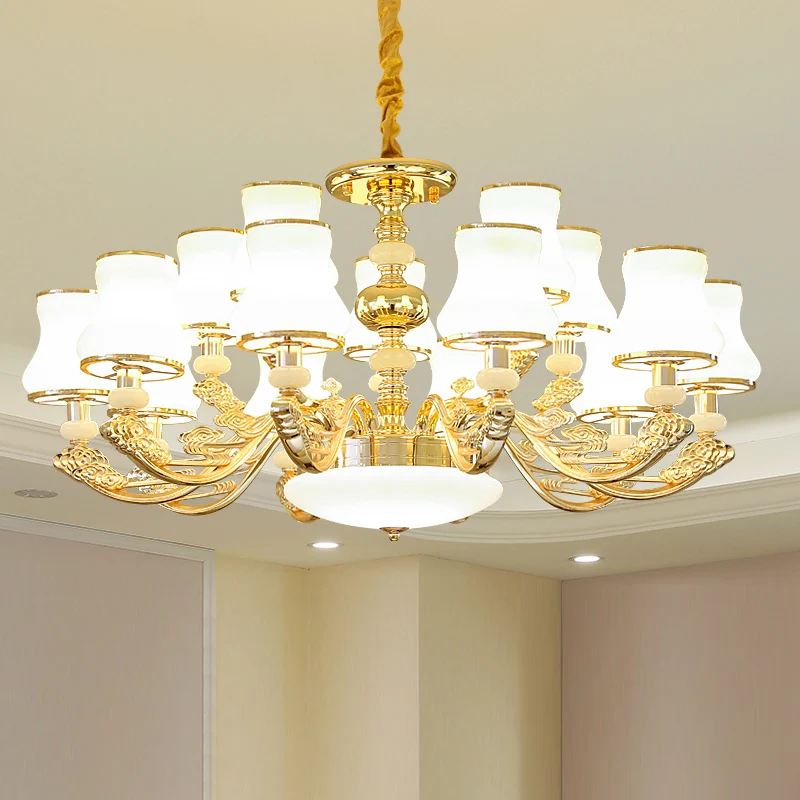 Plafondkroonluchter met gouden afwerking, overgangsverlichting van wit glas met gebogen schaduw Clearhalo