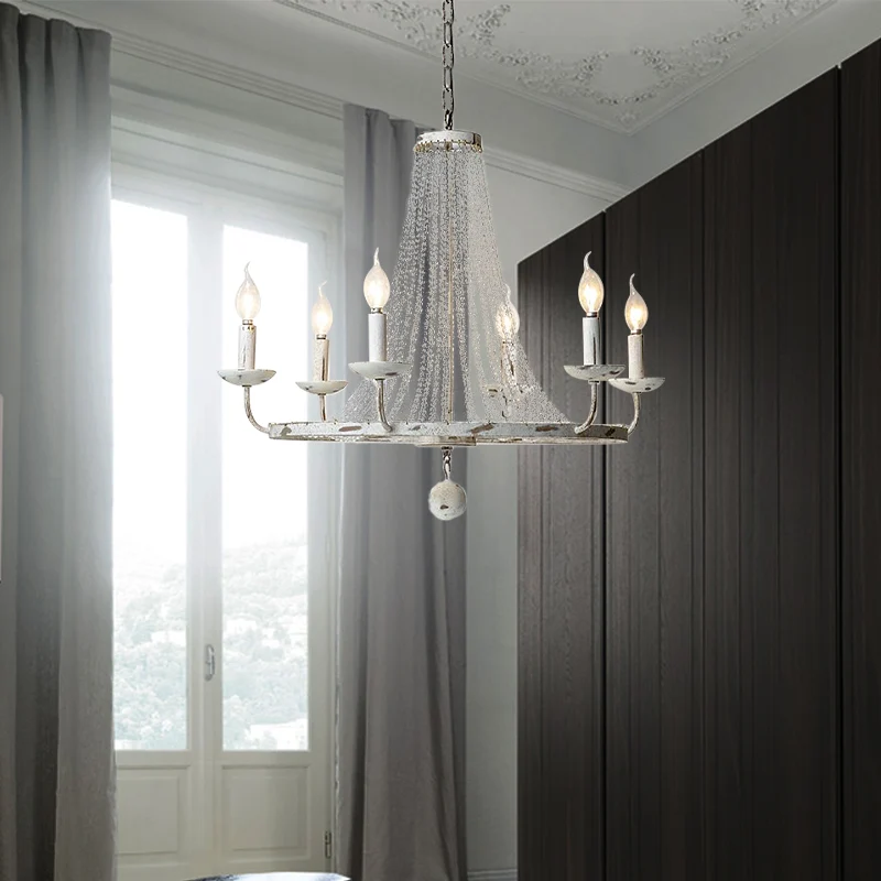 Plafondkroonluchter met 6 lampen, traditionele kristallen hangende lamp noodlijdend wit Clearhalo