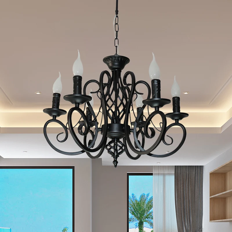 Plafondkroonluchter met 6/8 lampjes, minimalistische kaarsstijl, metalen hanglampset met gedraaide arm, zwart Clearhalo