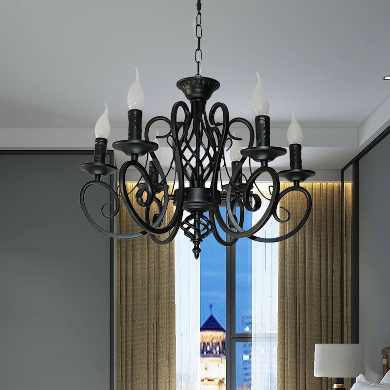 Plafondkroonluchter met 6/8 lampjes, minimalistische kaarsstijl, metalen hanglampset met gedraaide arm, zwart Clearhalo