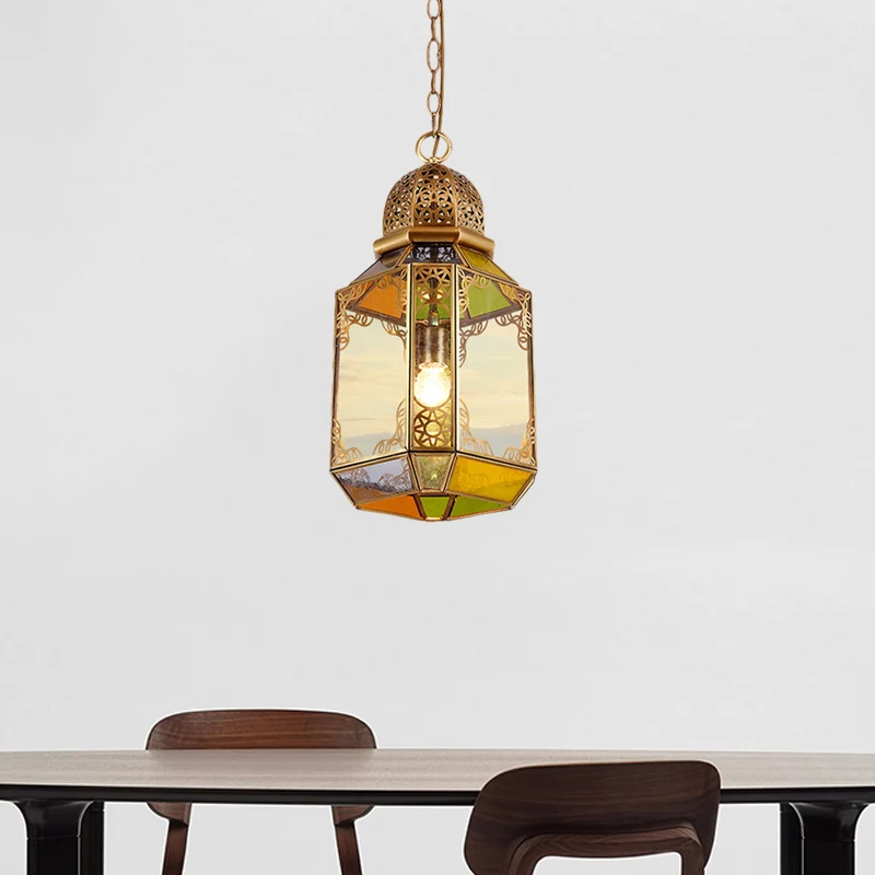 Plafondlamp met enkele lamp, retro woonkamerhanger met lantaarn van helder glas messing Clearhalo