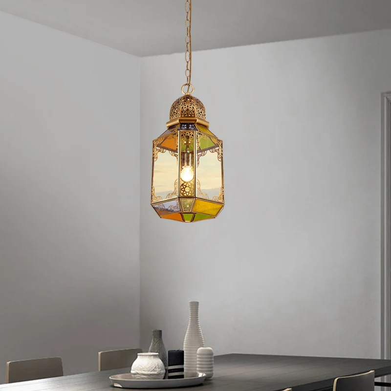 Plafondlamp met enkele lamp, retro woonkamerhanger met lantaarn van helder glas messing Clearhalo