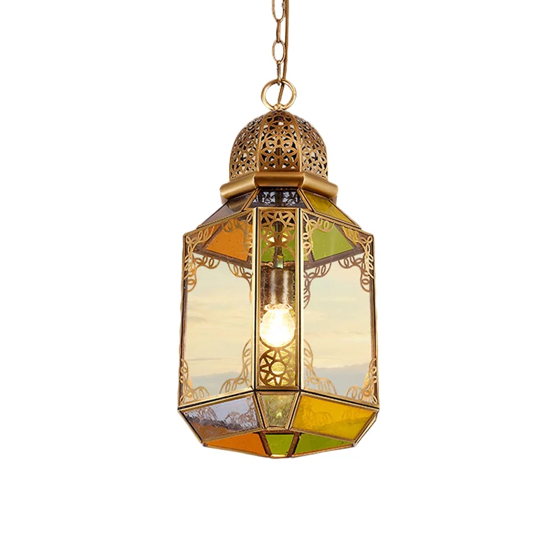 Plafondlamp met enkele lamp, retro woonkamerhanger met lantaarn van helder glas messing Clearhalo