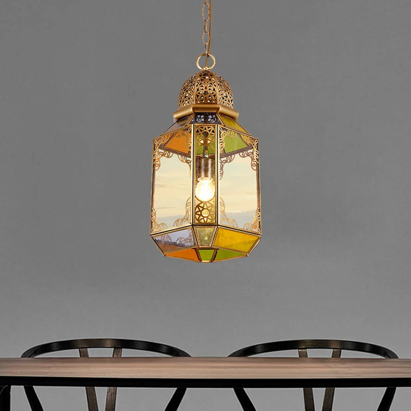 Plafondlamp met enkele lamp, retro woonkamerhanger met lantaarn van helder glas messing Clearhalo