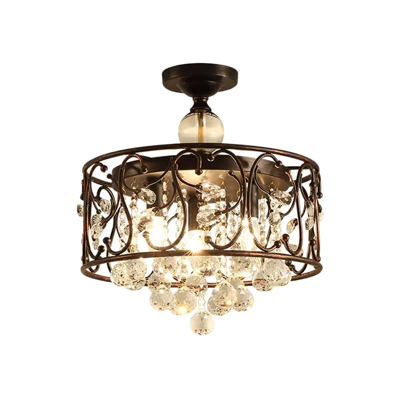 Plafondlamp met ijzeren cilinder, landelijk, 3-koppige slaapkamer, semi-inbouwlamp roest met heldere kristallen bol Clearhalo