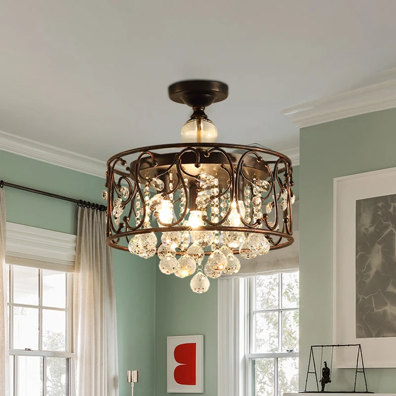 Plafondlamp met ijzeren cilinder, landelijk, 3-koppige slaapkamer, semi-inbouwlamp roest met heldere kristallen bol Clearhalo
