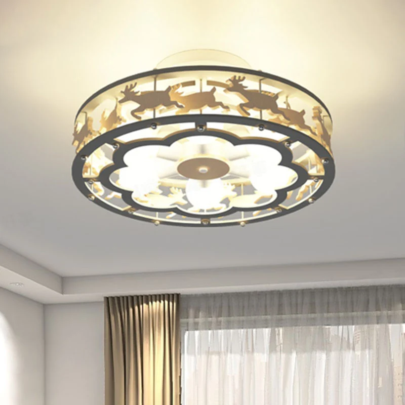 Plafondlamp van ijzeren trommel, Scandinavisch, 6 lampen, grijs, semi-inbouwmontage met houten elandendecor Clearhalo