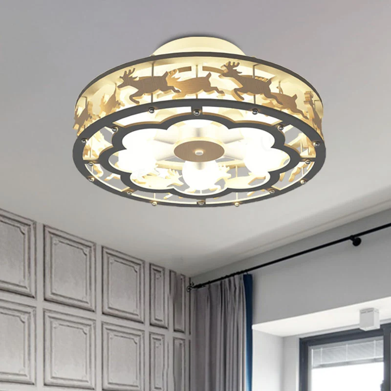 Plafondlamp van ijzeren trommel, Scandinavisch, 6 lampen, grijs, semi-inbouwmontage met houten elandendecor Clearhalo