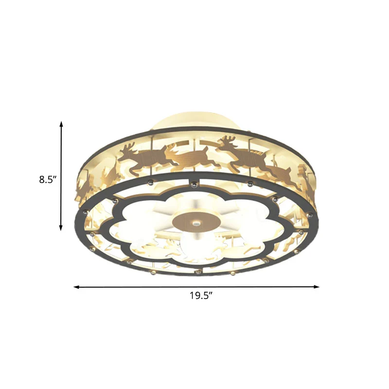 Plafondlamp van ijzeren trommel, Scandinavisch, 6 lampen, grijs, semi-inbouwmontage met houten elandendecor Clearhalo
