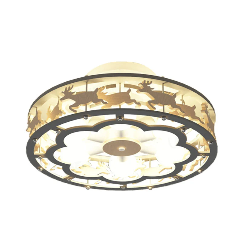 Plafondlamp van ijzeren trommel, Scandinavisch, 6 lampen, grijs, semi-inbouwmontage met houten elandendecor Clearhalo