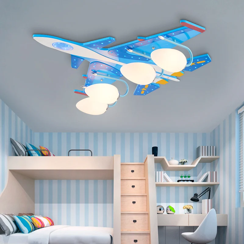Plafondlamp voor kindergevechtsvliegtuigen, glas, hout, blauwe LED-plafondlamp voor pretpark Clearhalo