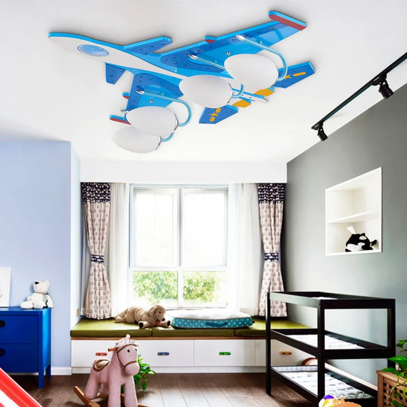 Plafondlamp voor kindergevechtsvliegtuigen, glas, hout, blauwe LED-plafondlamp voor pretpark Clearhalo