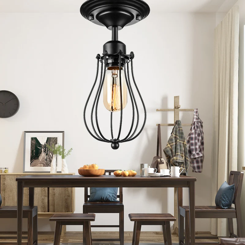 Plafondlamp de vorm van een lamp, industriële stijl, zwart metaal, semi-inbouw plafondlamp voor eetkamer Clearhalo