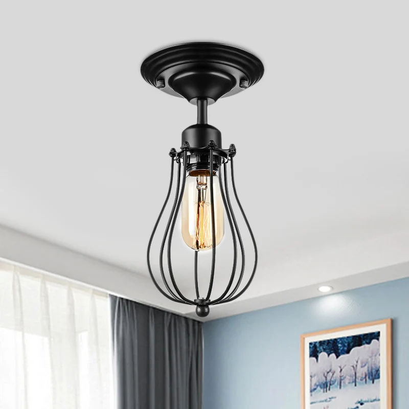 Plafondlamp de vorm van een lamp, industriële stijl, zwart metaal, semi-inbouw plafondlamp voor eetkamer Clearhalo