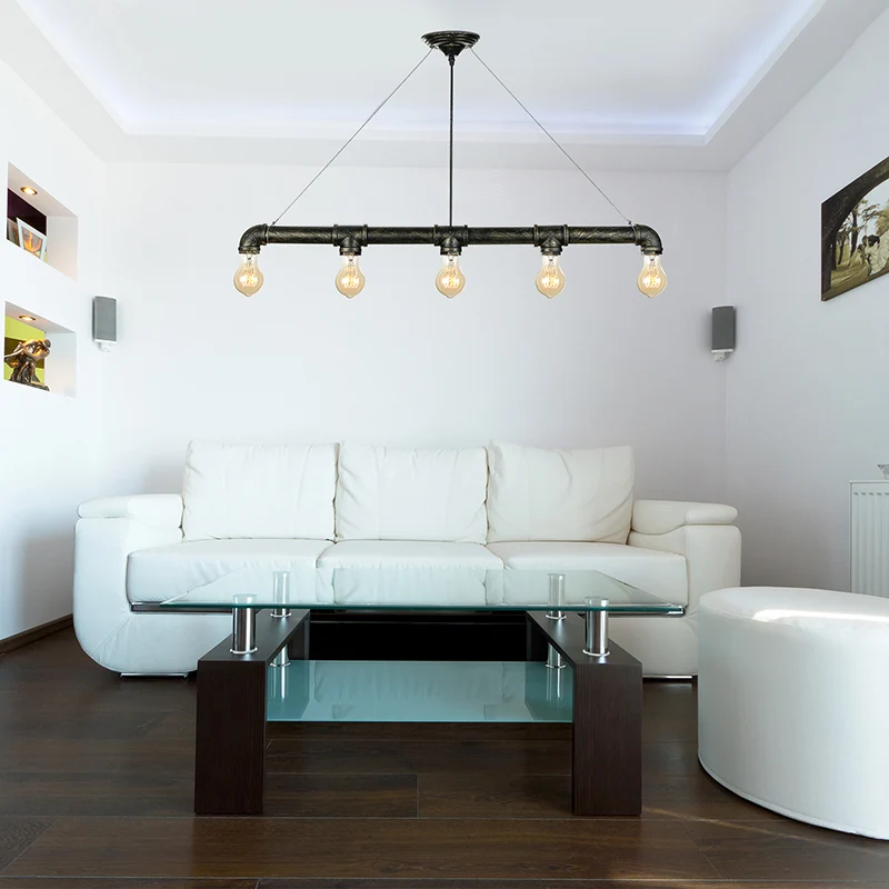 Plafondlamp woonkamer eiland met kale lamp, industrieel metaal, 5 lampen, antieke koperen hanglamp Clearhalo