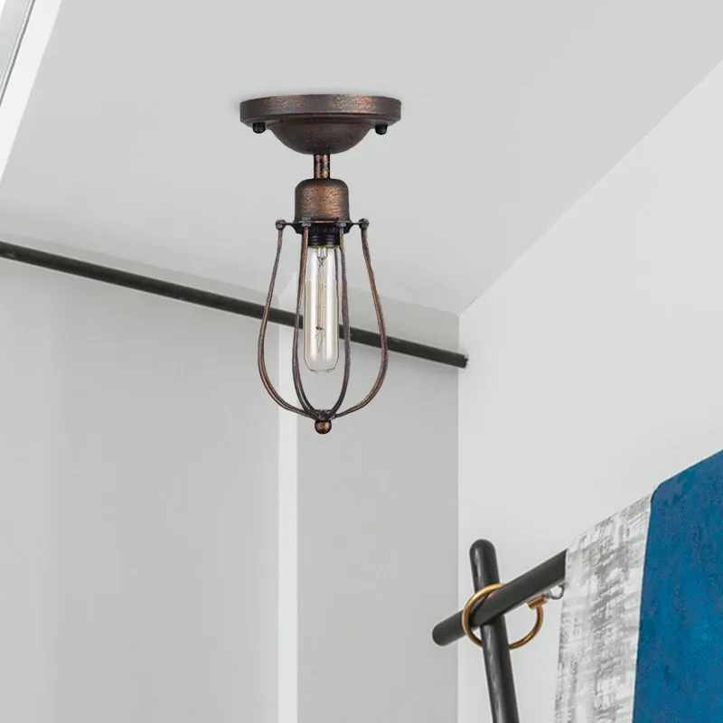 Plafondverlichting met 1 lamp en draadbeschermer, smeedijzeren slaapkamer antieke stijl, mini semi-inbouwlamp donkerroest...