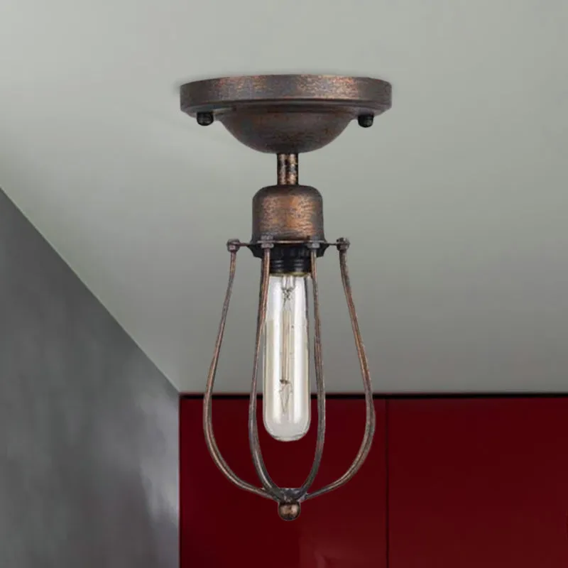 Plafondverlichting met 1 lamp en draadbeschermer, smeedijzeren slaapkamer antieke stijl, mini semi-inbouwlamp donkerroest...
