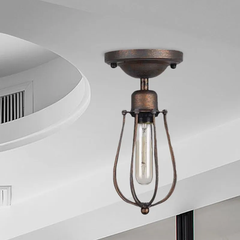 Plafondverlichting met 1 lamp en draadbeschermer, smeedijzeren slaapkamer antieke stijl, mini semi-inbouwlamp donkerroest...