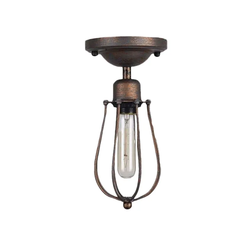 Plafondverlichting met 1 lamp en draadbeschermer, smeedijzeren slaapkamer antieke stijl, mini semi-inbouwlamp donkerroest...