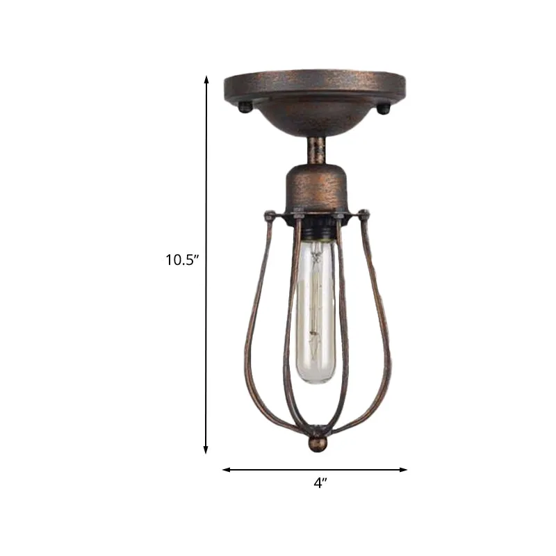 Plafondverlichting met 1 lamp en draadbeschermer, smeedijzeren slaapkamer antieke stijl, mini semi-inbouwlamp donkerroest...