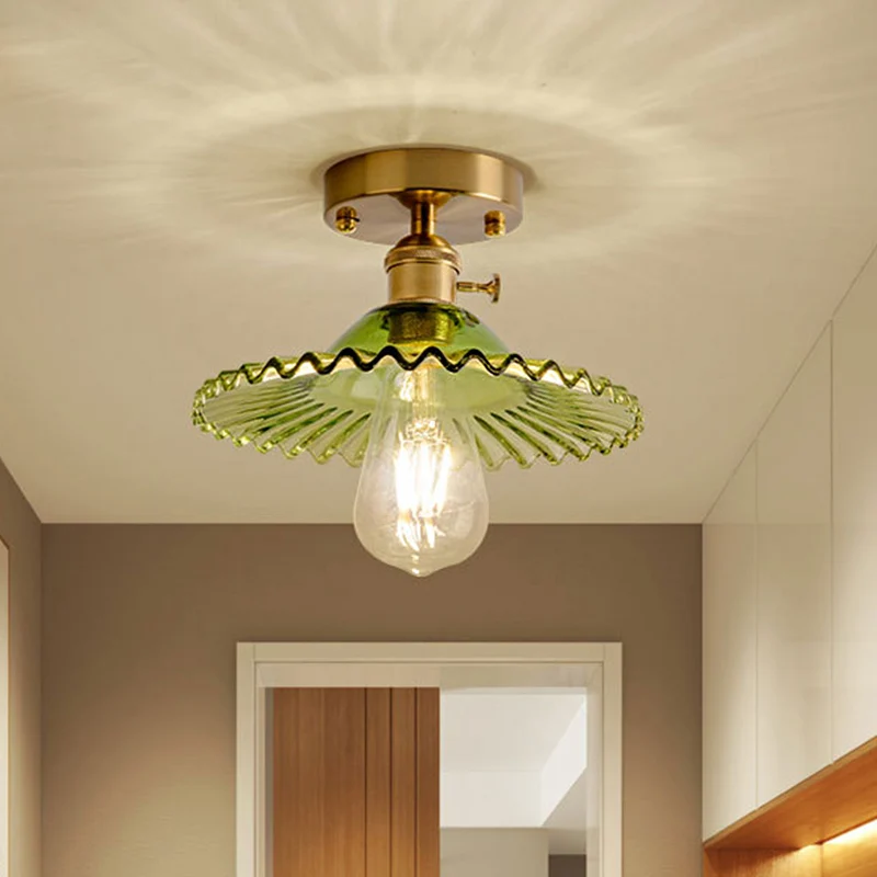 Plafondverlichting met één licht, industrieel geschulpt geribbeld glas, semi-inbouwlamp helder/groen Clearhalo