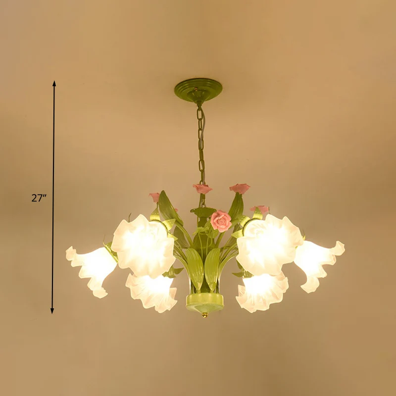 Platteland bloem hangende hanger 6/8 hoofden opaal glazen kroonluchter verlichtingsarmatuur groen voor slaapkamer Clearhalo