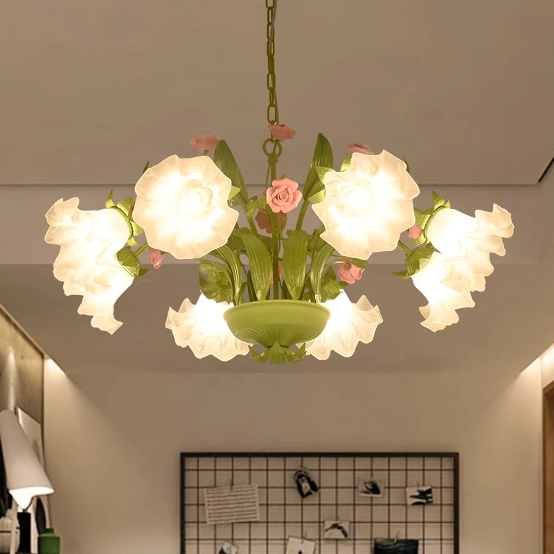 Platteland bloem hangende hanger 6/8 hoofden opaal glazen kroonluchter verlichtingsarmatuur groen voor slaapkamer Clearhalo
