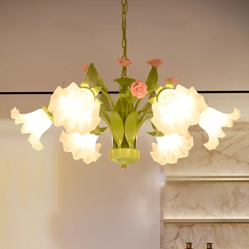 Platteland bloem hangende hanger 6/8 hoofden opaal glazen kroonluchter verlichtingsarmatuur groen voor slaapkamer Clearhalo