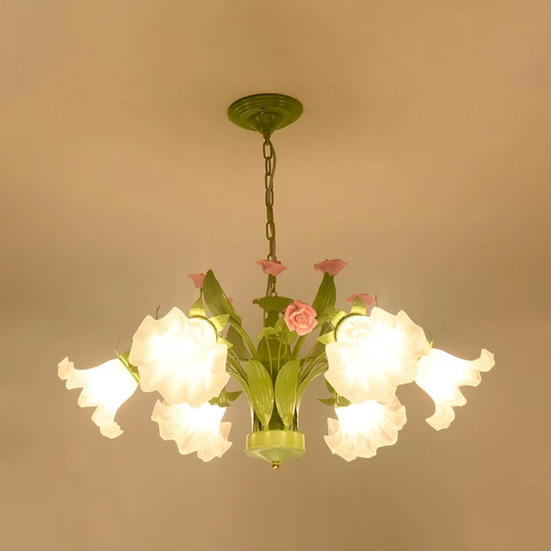 Platteland bloem hangende hanger 6/8 hoofden opaal glazen kroonluchter verlichtingsarmatuur groen voor slaapkamer Clearhalo