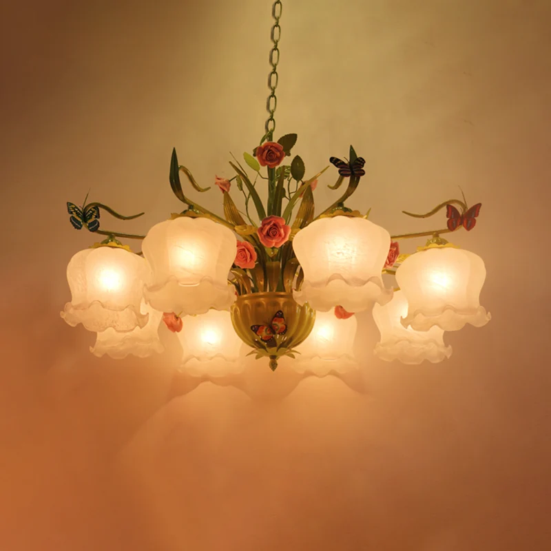 Platteland bloem hangende hanger 8 koppen opaal glazen kroonluchter verlichtingsarmatuur groen voor woonkamer Clearhalo