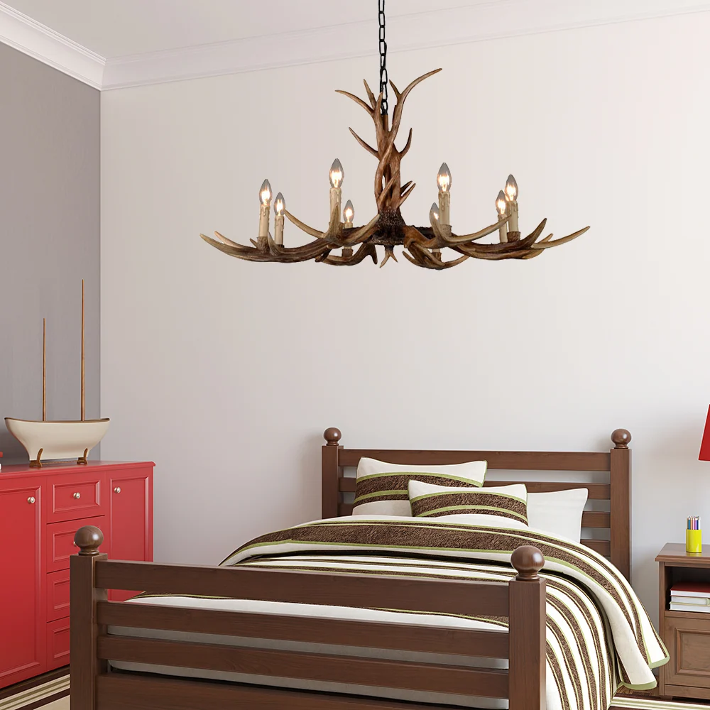 Platteland faux gewei hangende hanger 6/8/10 lichten hars plafondkroonluchter bruin voor woonkamer Clearhalo