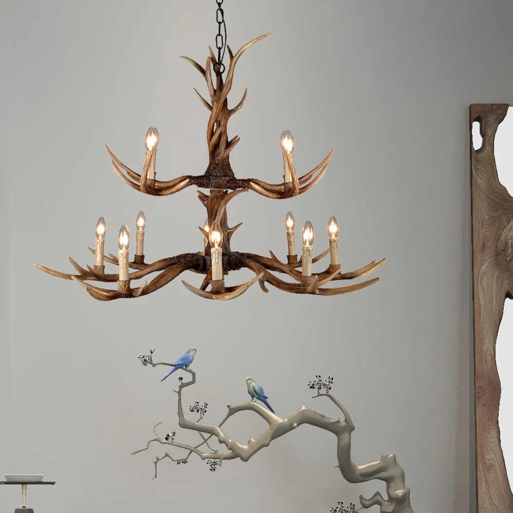 Platteland faux gewei hangende hanger 6/8/10 lichten hars plafondkroonluchter bruin voor woonkamer Clearhalo