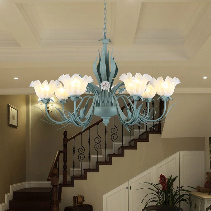 Platteland gebogen arm kroonluchterlamp 3/5/7 lampen Metalen LED-hanger aqua voor woonkamer Clearhalo