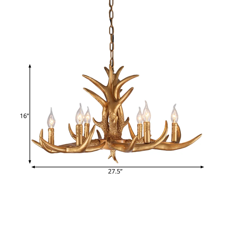 Platteland gewei hangende hanger 6 lampen hars plafondkroonluchter goud voor woonkamer Clearhalo