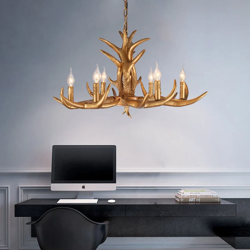 Platteland gewei hangende hanger 6 lampen hars plafondkroonluchter goud voor woonkamer Clearhalo