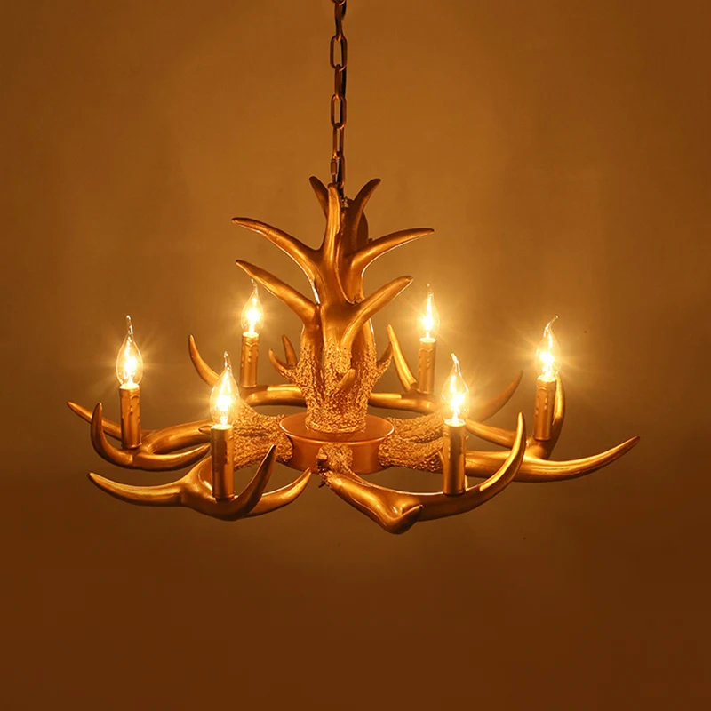 Platteland gewei hangende hanger 6 lampen hars plafondkroonluchter goud voor woonkamer Clearhalo