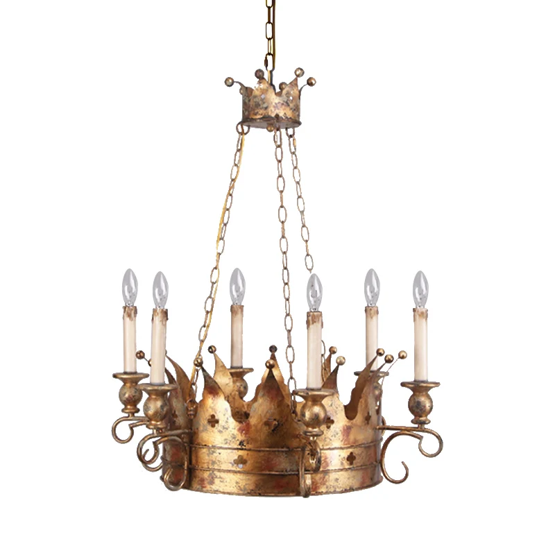 Platteland kroon hangende hanger 6 lampen metalen plafondkroonluchter antiek messing voor woonkamer Clearhalo