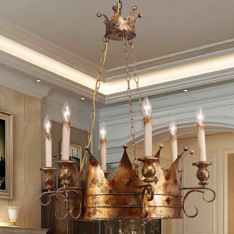Platteland kroon hangende hanger 6 lampen metalen plafondkroonluchter antiek messing voor woonkamer Clearhalo