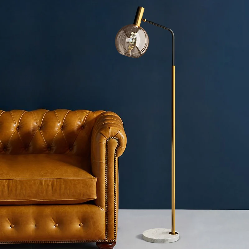 Post Modern Ball Vloerlamp Rookgrijs Glas 1 Licht Woonkamer Vloerlamp Messing en Zwart Clearhalo