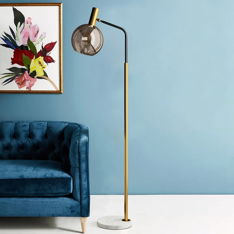 Post Modern Ball Vloerlamp Rookgrijs Glas 1 Licht Woonkamer Vloerlamp Messing en Zwart Clearhalo