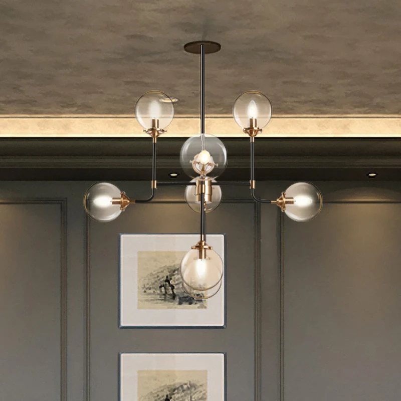 Post Modern Global Plafondkroonluchter Helder Glas 8/12 Lichten Woonkamer Hanglamp Zwart Clearhalo