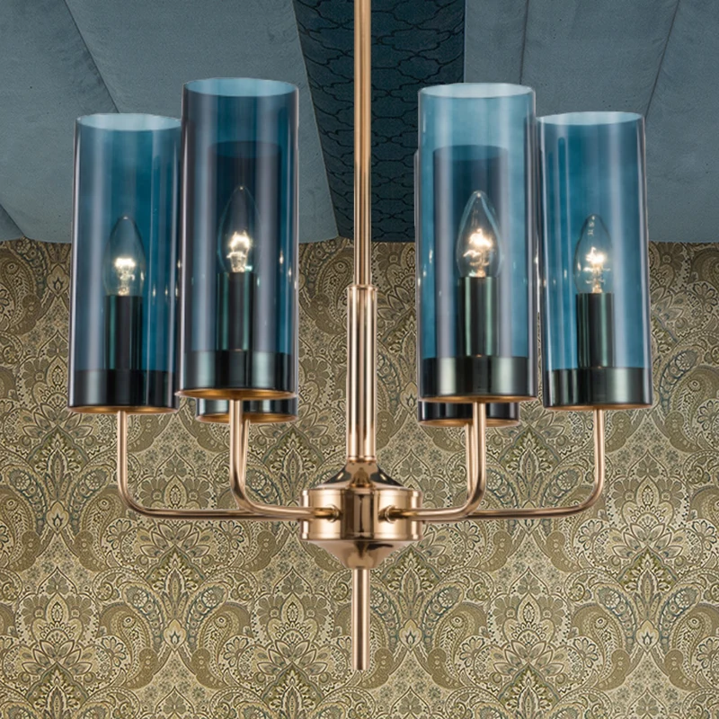 Post moderne cilinder kroonluchter blauw/amber glas 6/10 lampen woonkamer hanglamp goud Clearhalo