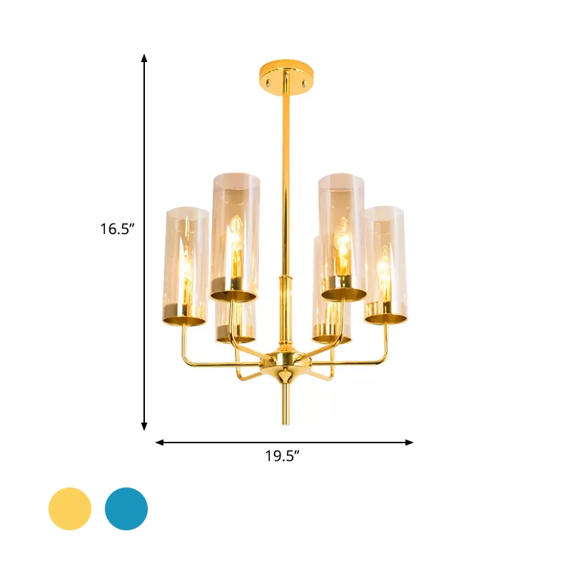 Post moderne cilinder kroonluchter blauw/amber glas 6/10 lampen woonkamer hanglamp goud Clearhalo