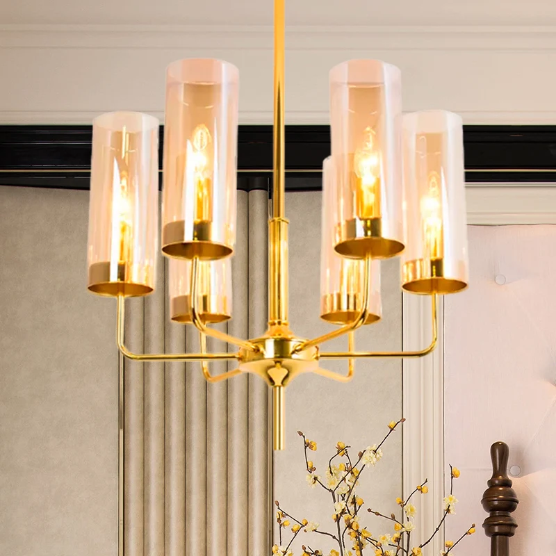 Post moderne cilinder kroonluchter blauw/amber glas 6/10 lampen woonkamer hanglamp goud Clearhalo