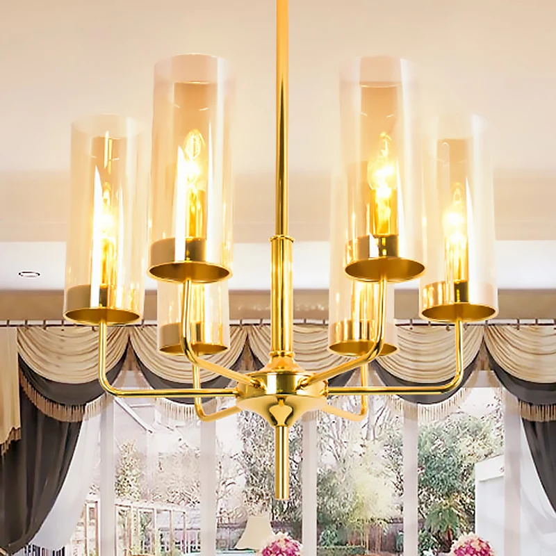 Post moderne cilinder kroonluchter blauw/amber glas 6/10 lampen woonkamer hanglamp goud Clearhalo