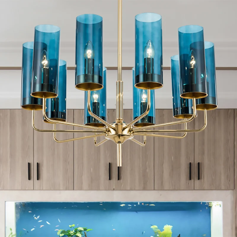Post moderne cilinder kroonluchter blauw/amber glas 6/10 lampen woonkamer hanglamp goud Clearhalo