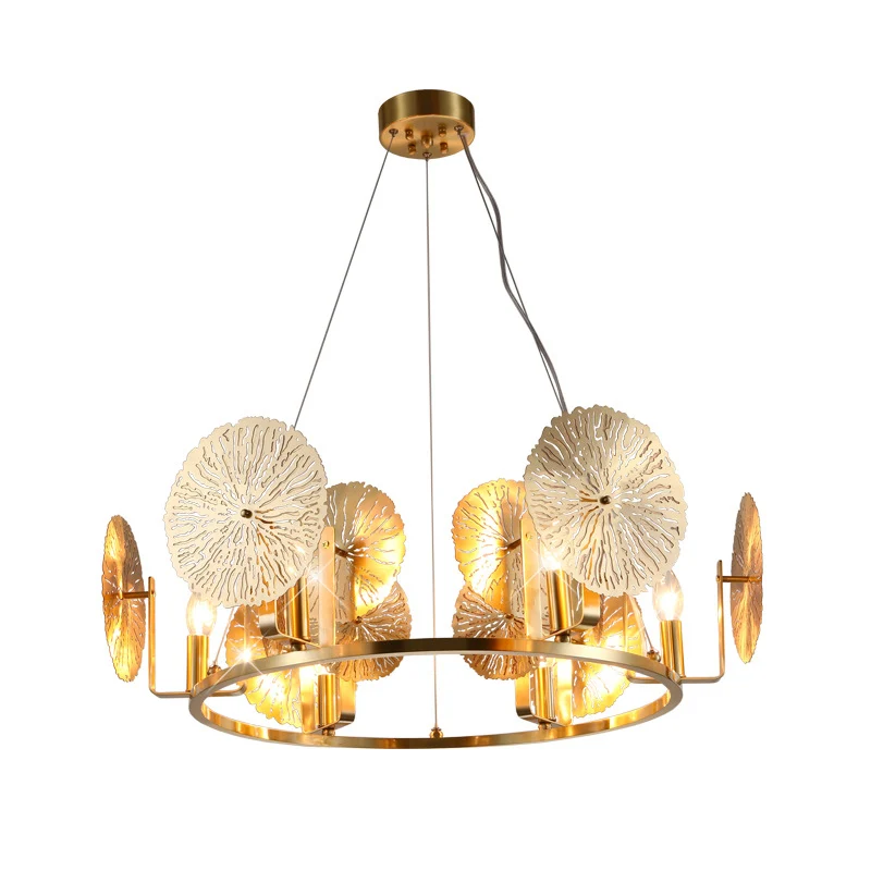 Post moderne lotusblad kroonluchter metaal 6-lichts woonkamer hanglamp messing met ringontwerp Clearhalo