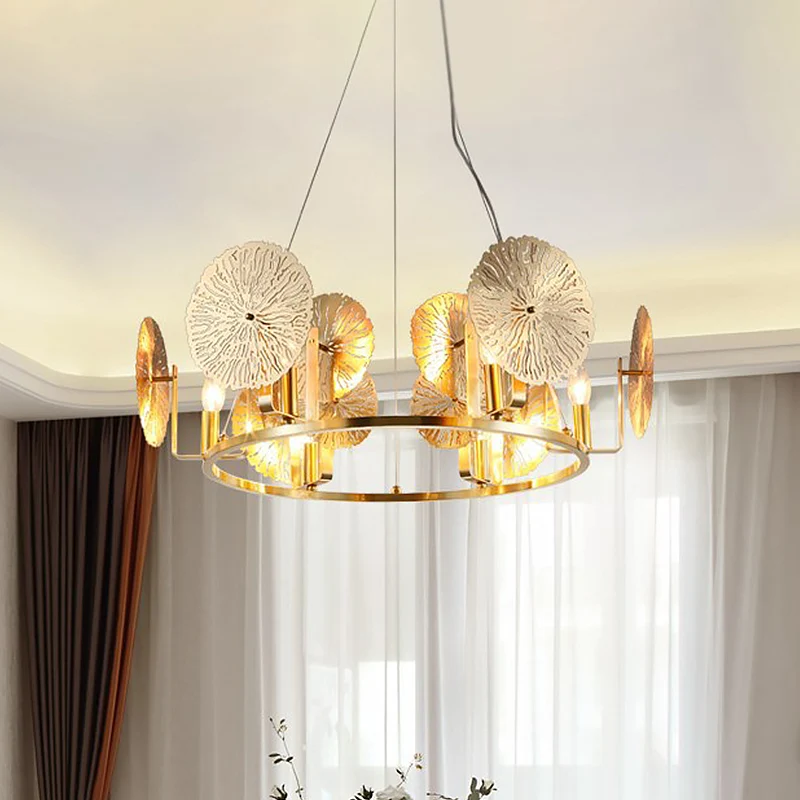 Post moderne lotusblad kroonluchter metaal 6-lichts woonkamer hanglamp messing met ringontwerp Clearhalo
